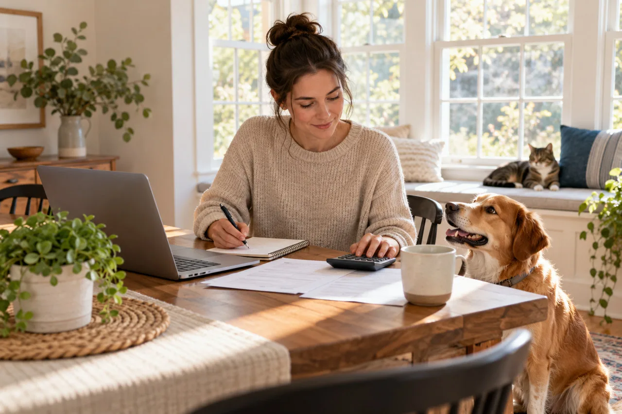 Owner comparing papers with a dog and cat nearby