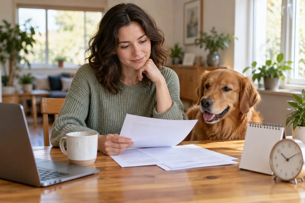 Owner reviewing papers with a dog beside a desk